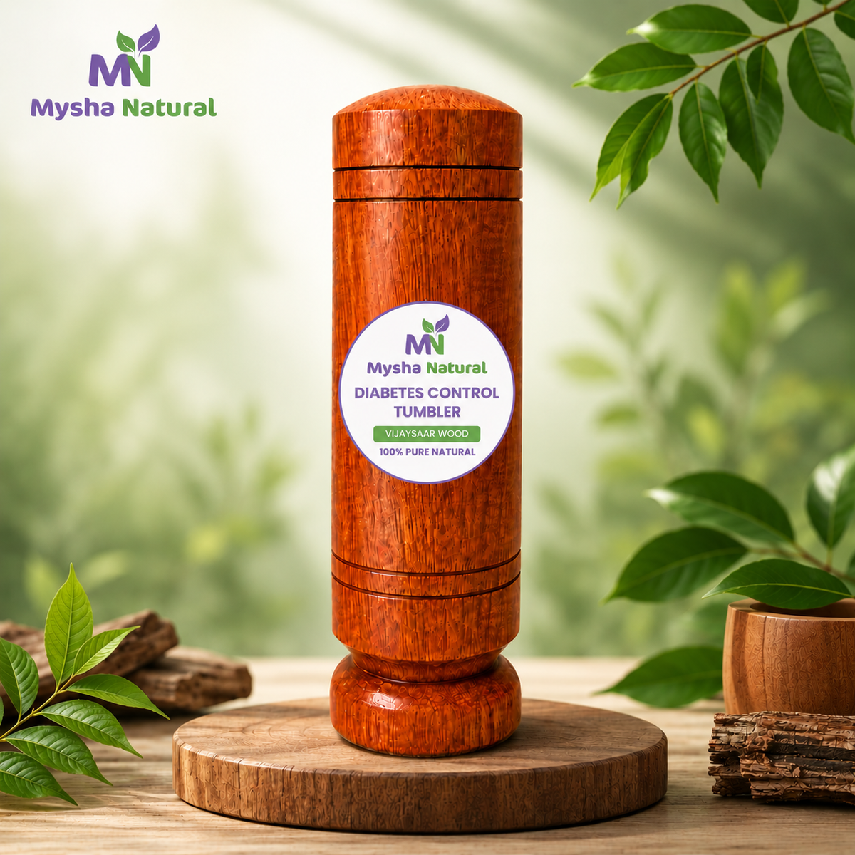 Mysha Natural Vijaysar Harbal Wooden Tumbler for Diabetes Control | 100% Pure Natural | Reuseble & Eco Friendly Tumbler